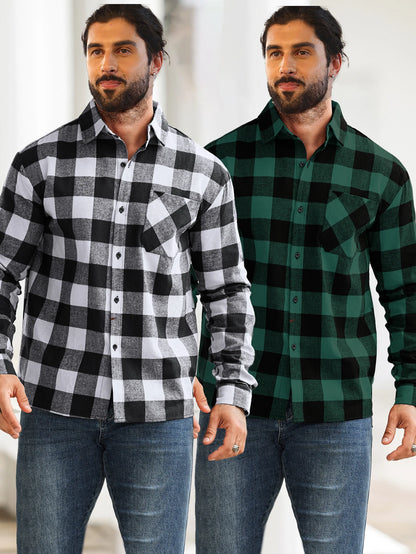 2-Piece Men's Multi-Pattern Plaid Shirt with Color Block Design, Single-Breasted with Pockets, Suitable for Layering or Wearing