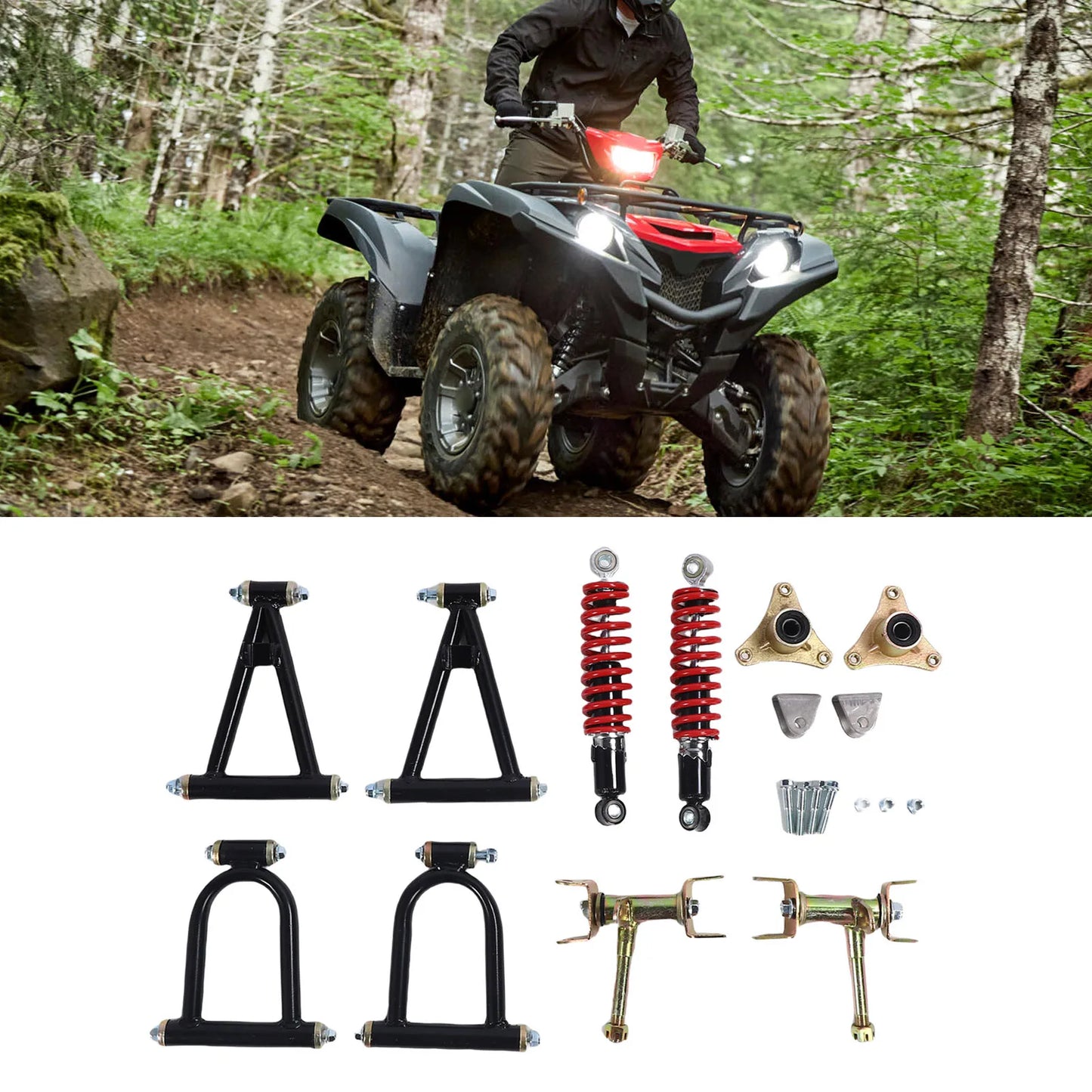 Front Suspension Arm Kit High Strength Enhanced Stability Comfort Upper and Lower Swingarm and Suspension Shock Kit for ATV Quad