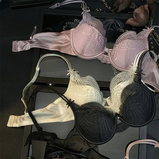 French Lace Embroidery Women Lingerie Set Sexy Hollow Thin Cup Push Up Bra High Quality Silk Satin Intimates Comfort Underwear