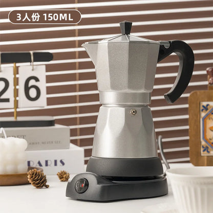 110V/220V Electric Coffee Maker Portable 300ml/3Cups Aluminum Mocha Pot Electric Italian Coffee Maker Percolator for Home Silver