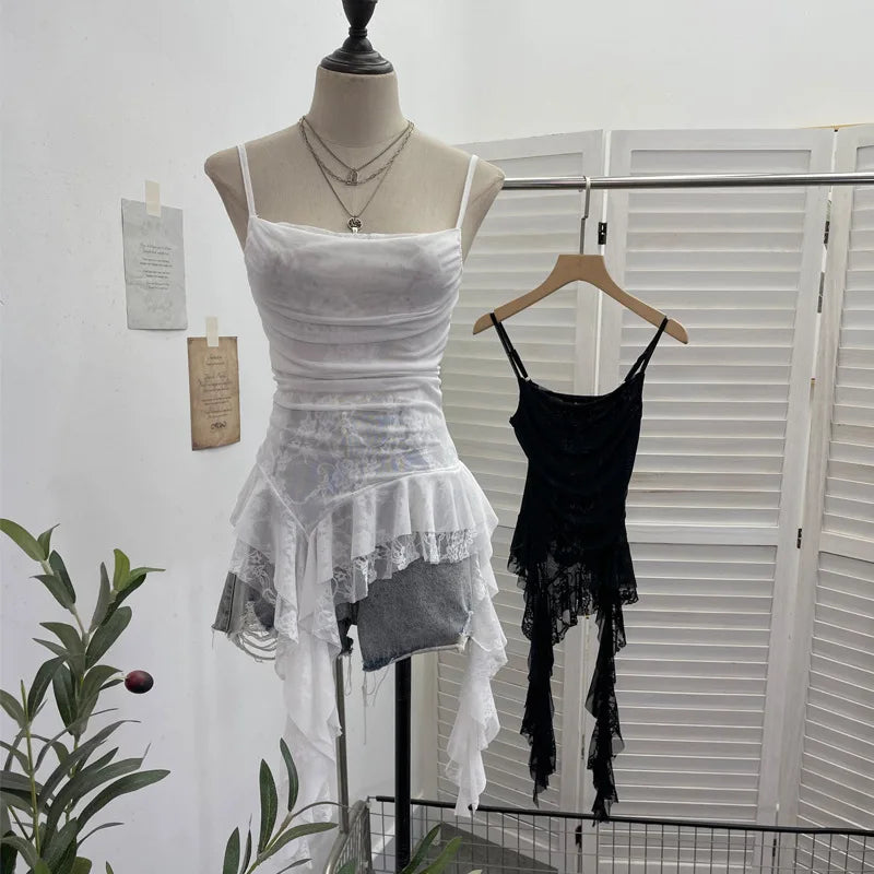 ISAROSE Summer Y2K Camisole for Women Casual Spaghetti Straps Double Layers Lace Stretch Mesh Patchwork Asymmetrical Slim Tops