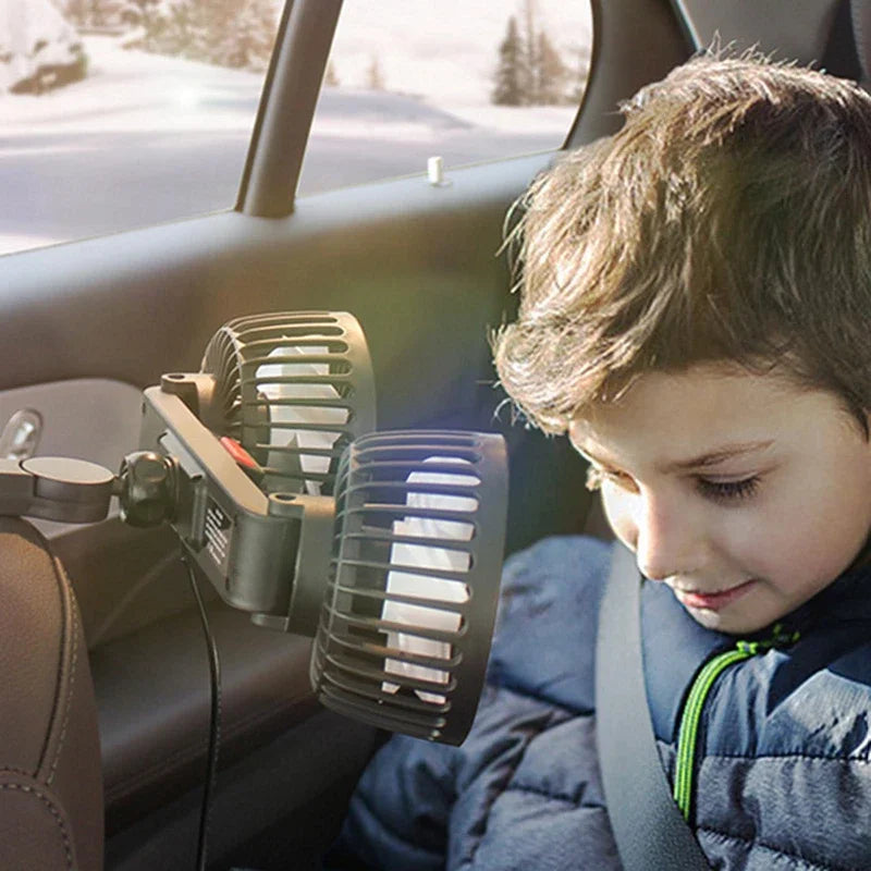 Dual Head USB Car Fan 360° Rotatable Portable Electric Air Conditioner Seat Fan 3 Speed for Home Office Driving
