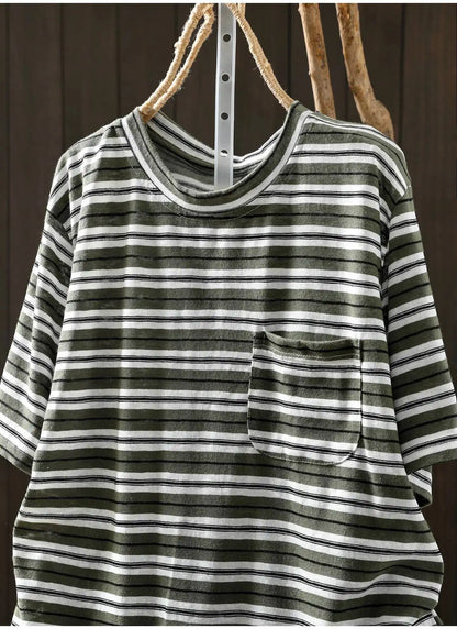 Women Summer Short-sleeve T-shirt 2026 Summer New Stylish Striped Single-pocket Loose T-shirt ZXY154