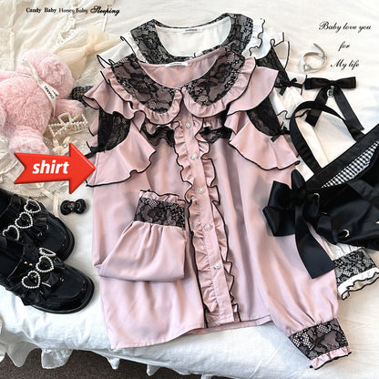 Jirai Kei Lolita Blouse Kawaii Top Women Cute Japanese Style Shirt with Bow Y2K Elegant Long Sleeve Sweet Casual Aesthetic Tops