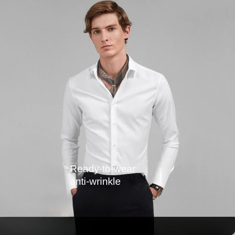 White shirt men's long sleeved light luxury high-end business shirt wrinkle resistant business black formal size shirt