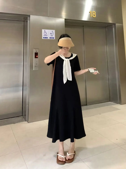 Naval Collar Lace Trim Slimming Long Dress French Style Loose Fit Mommy's Summer Dress mid Waist Design Casual  Knot