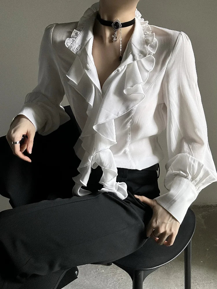 Harajuku Vintage Women Bottoming Shirt Stand Collar Ruffles Slim Fit Blouses Black White 2026 New Long Sleeve Blusas De Mujer