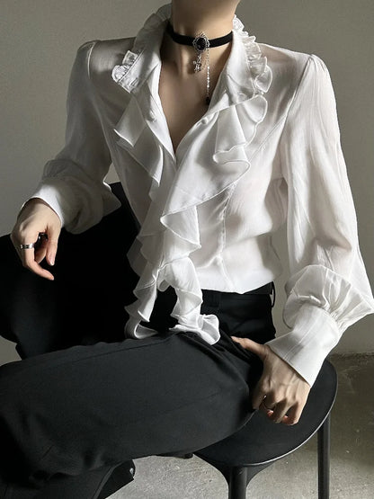 Harajuku Vintage Women Bottoming Shirt Stand Collar Ruffles Slim Fit Blouses Black White 2026 New Long Sleeve Blusas De Mujer