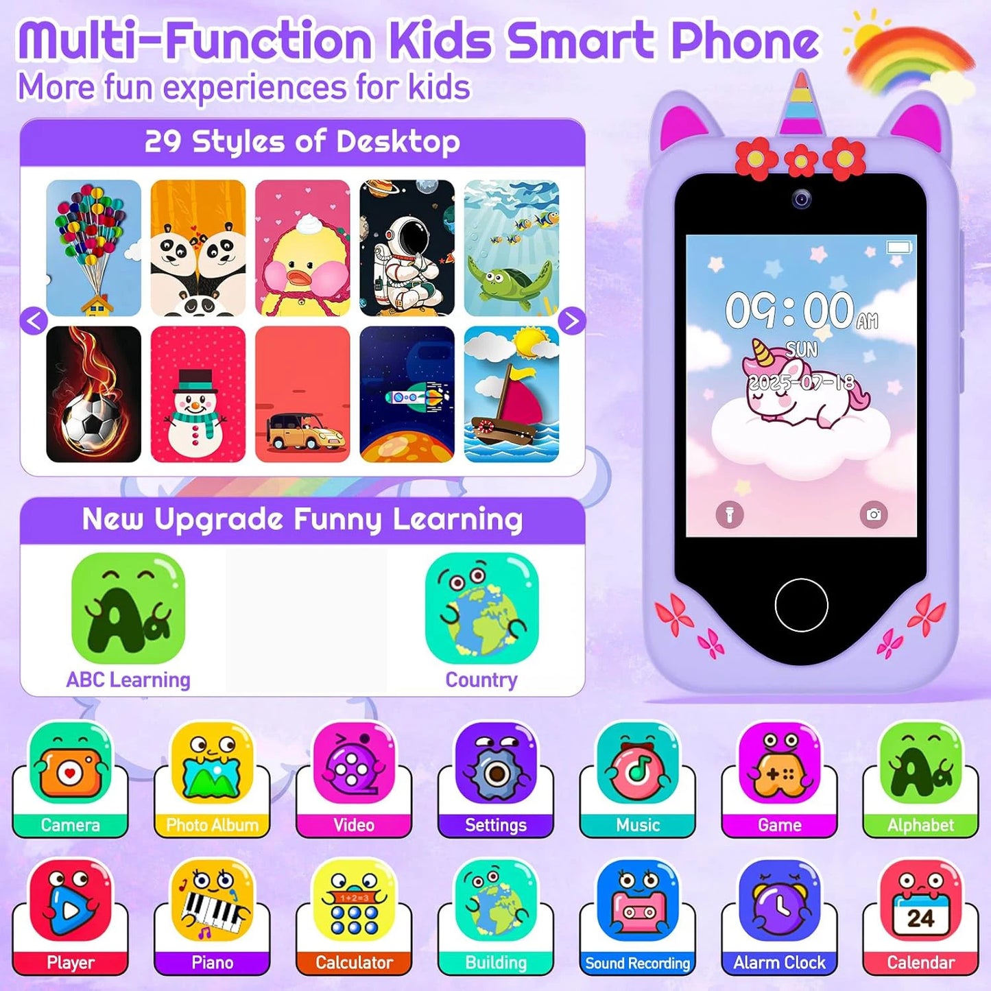 Children Smart Phone Toy 2.8 Inch With Camera 40+ Puzzle & ABC Learning Games Kids Habit Tracker Birthday Xmas Gift Boys Girls