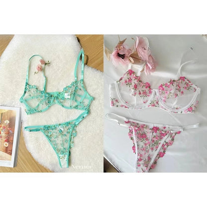 Sweet Sexy Lace Lingerie Set, Floral Embroidery Sheer Mesh, Thin Cooling, Big Bust Relief, Japanese Daily Women Underwear 32-38