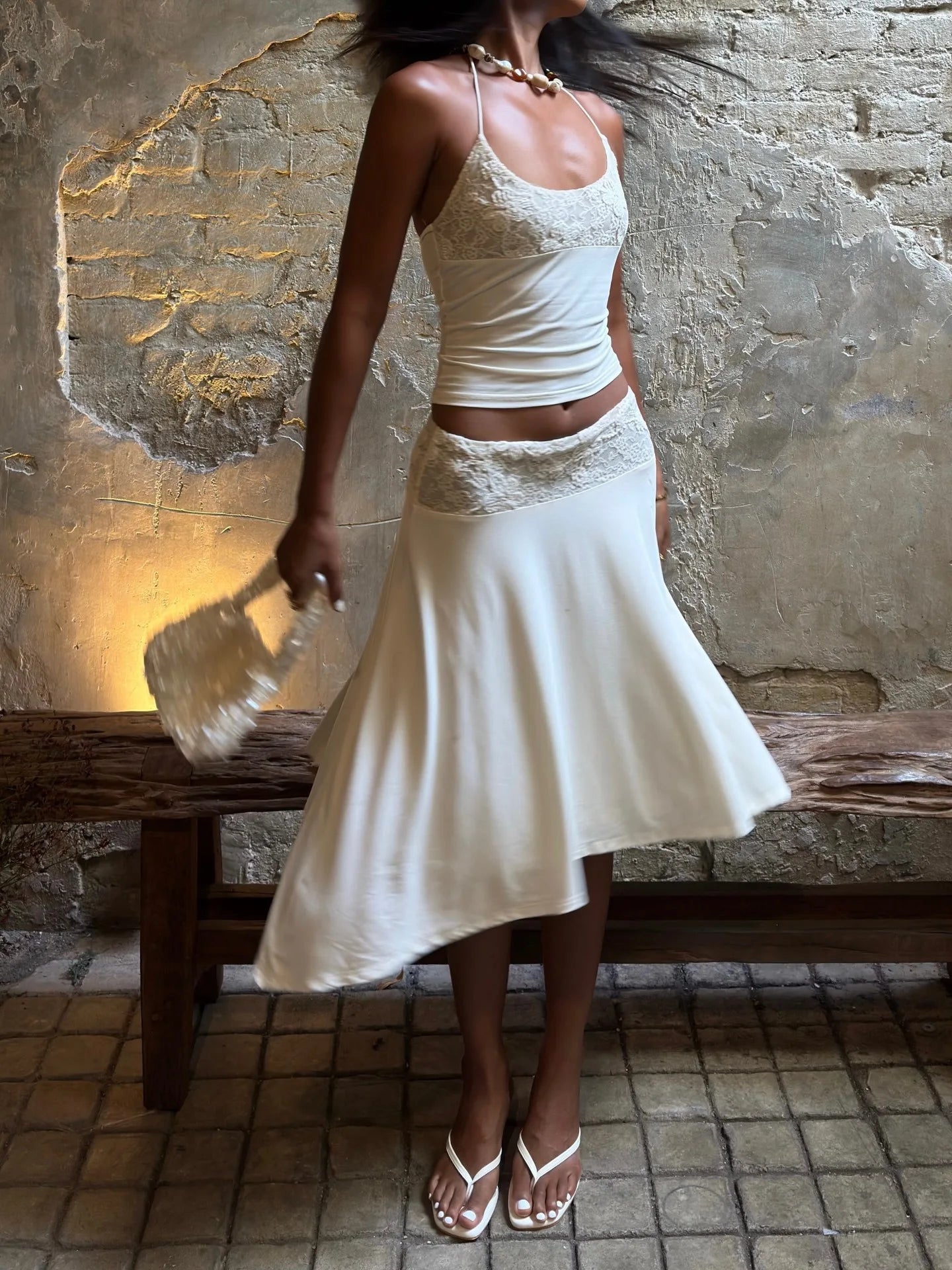 White Lace Patchwork 2 Piece Dress Sets Sexy Halter Short Tanks+A-line Skirts Women Sets Summer New Women Holiday Beach Outfits