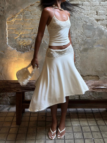 White Lace Patchwork 2 Piece Dress Sets Sexy Halter Short Tanks+A-line Skirts Women Sets Summer New Women Holiday Beach Outfits