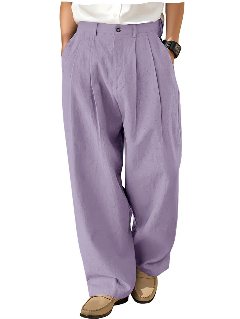 Men's Loose Pleated Wide Leg Pants Breathable Linen Blend Trousers Casual Business Suit Pants Summer Streetwear Daily Wear