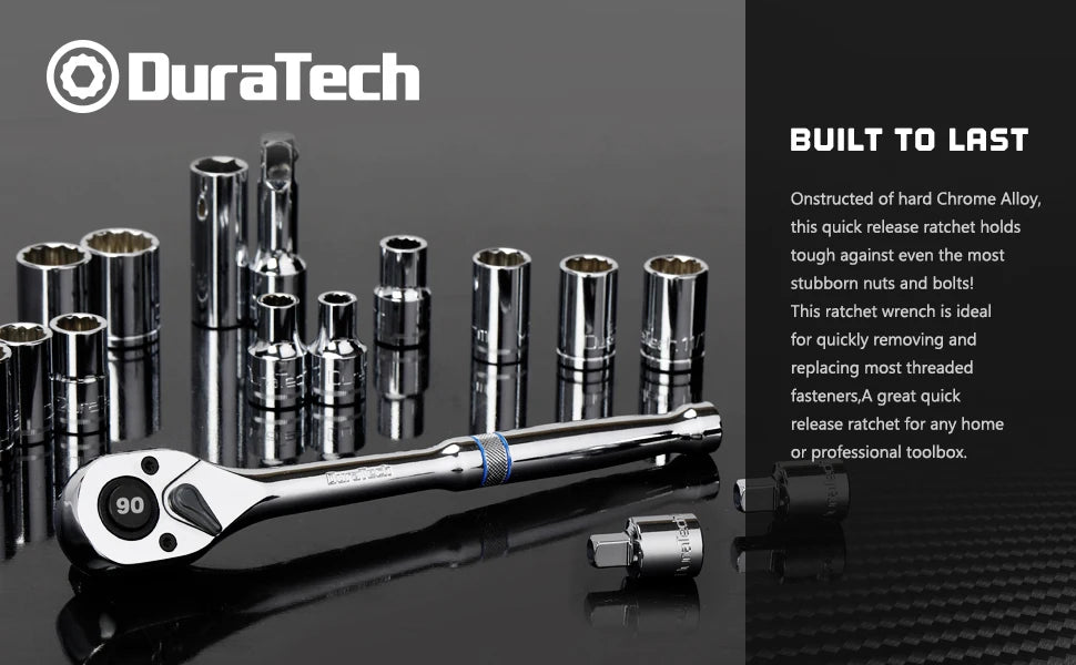 DURATECH 1/2"Dr. 90-Tooth Quick-release Ratchet Handle Reversible Drive Ratchet Wrench Full Polished Home DIY Hand Tools