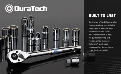 DURATECH 1/2"Dr. 90-Tooth Quick-release Ratchet Handle Reversible Drive Ratchet Wrench Full Polished Home DIY Hand Tools