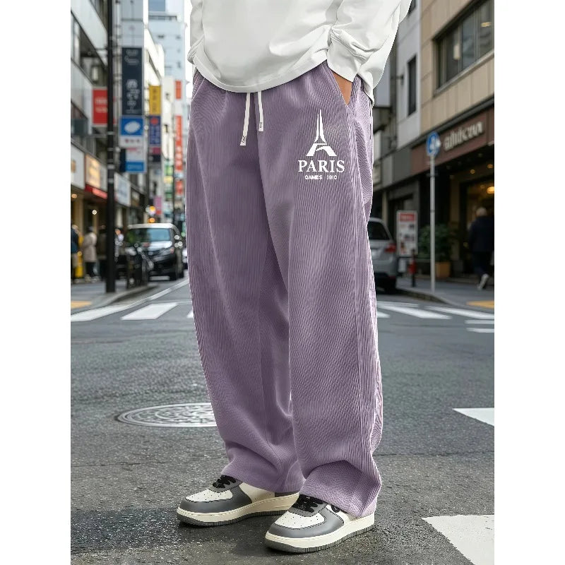 Mens Corduroy Wide Leg Trousers Elastic Drawstring Waist Eiffel Tower Letter Print Loose Straight Casual Street Pants S-4XL