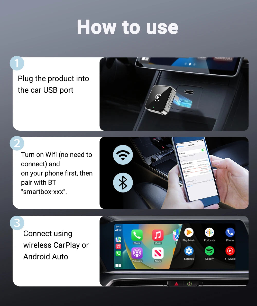 Wireless CarPlay Android 2026 New Smart Auto Adapter Hassle-Free Plug&Play Stable BT WiFi Connect OTA Upgradable Fit 99% Vehicle