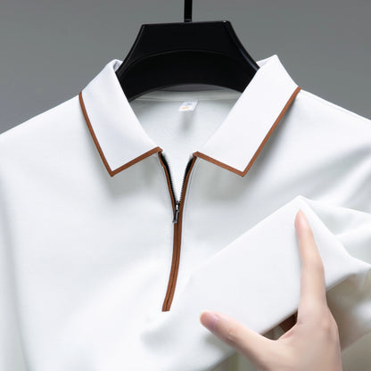 Light luxury brand long sleeved men's polo shirt autumn fashion flip collar half zipper design boutique top silk casual T-shirt
