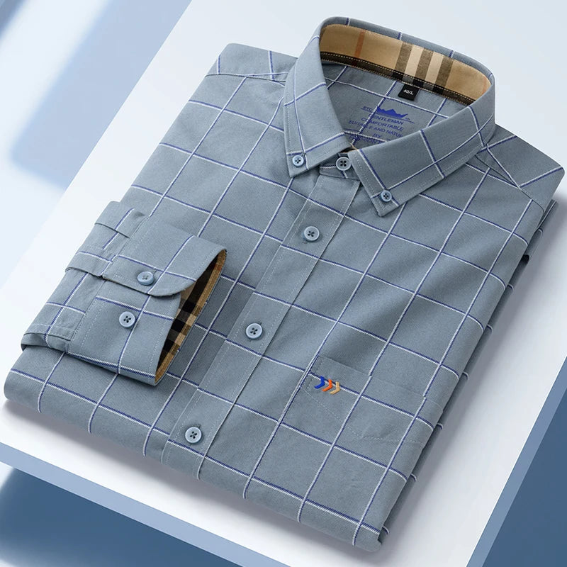 New in Shirt 100%Cotton Oxford Long-Sleeve Shirts for Men Slim Fit Formal Plain Shirt High Quality Plaid Soft Office Clothes