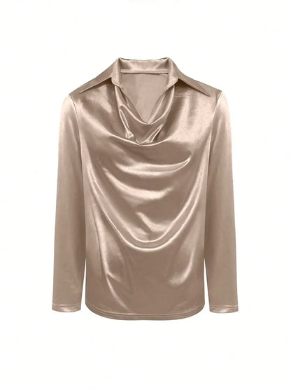 Elegant Satin V-Neck Shirt - Stylish Long-Sleeve Women's Top, Suitable for Casual and Refined Office Commuting, Silk Fabric Autu