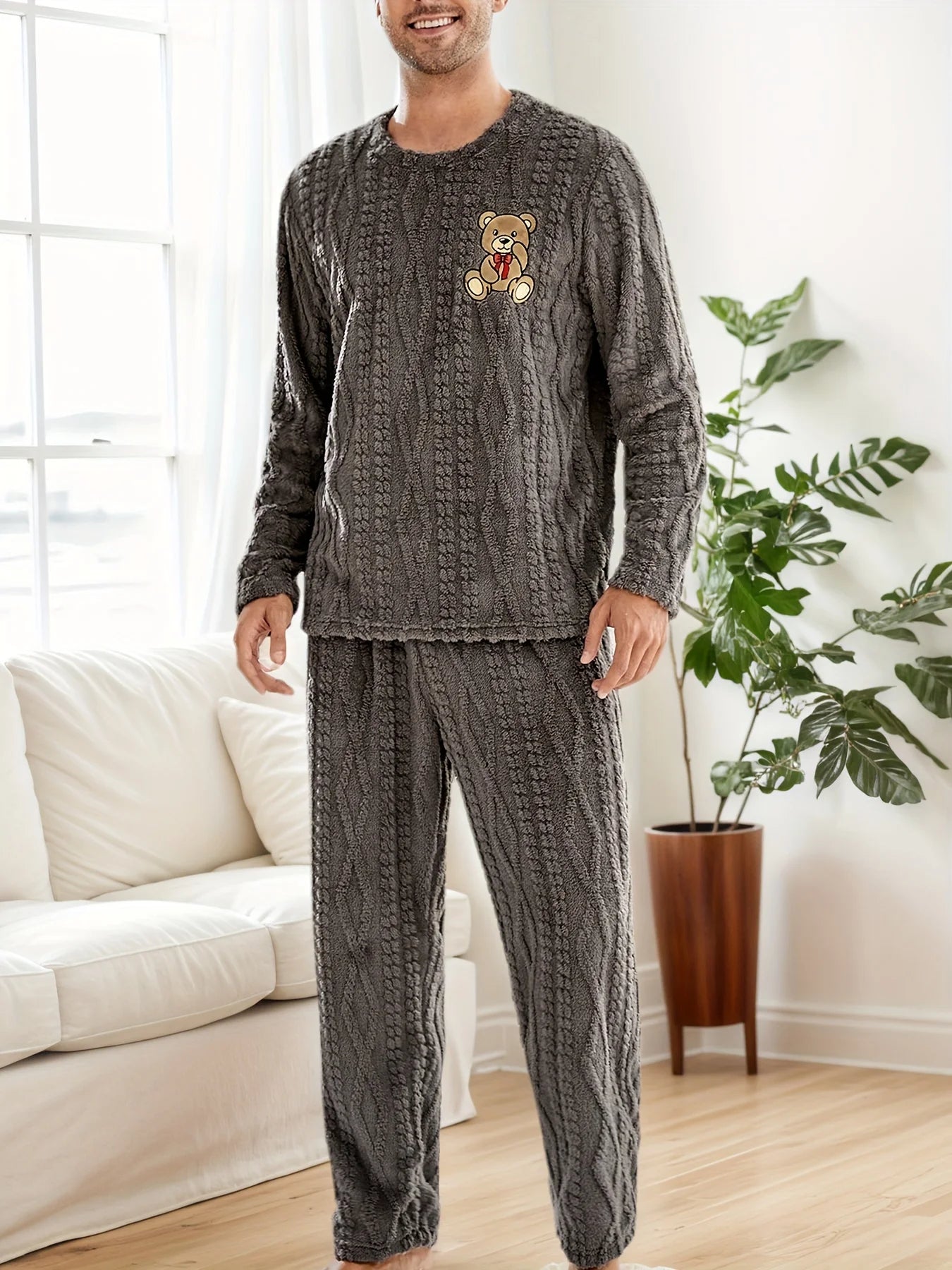 Autumn Season Men'S Long Retro Print Pajama Set, Perfect for Fall/Winter Casual Long Sleeve Button-Up Pajama Sets Nightwear Pjs