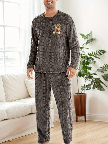 Autumn Season Men'S Long Retro Print Pajama Set, Perfect for Fall/Winter Casual Long Sleeve Button-Up Pajama Sets Nightwear Pjs