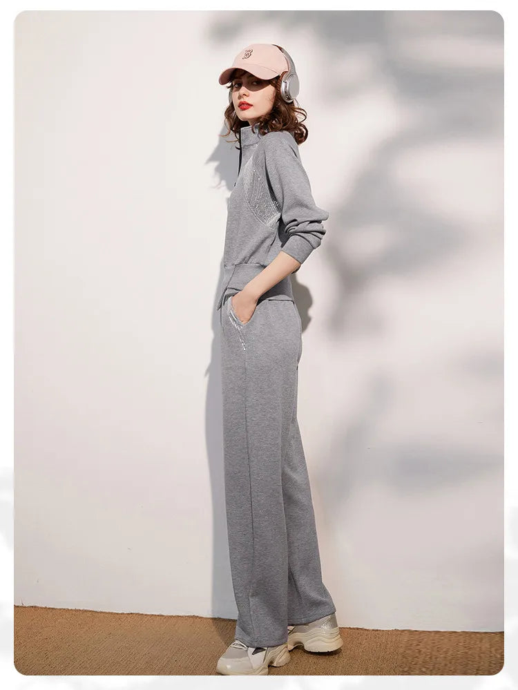 LOUIS YAO Women Two Pieces Set 2024 Autumn Stand Collar Long Sleeve Long Pants Set Sweatshirt Sporty Fashion Set