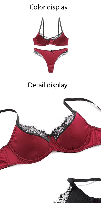 Luxury Satin Lace Lingerie Set Breathable Thin Cotton Cups Underwire Push Up Bra And Thong Sexy Women Underwear for Small Chest