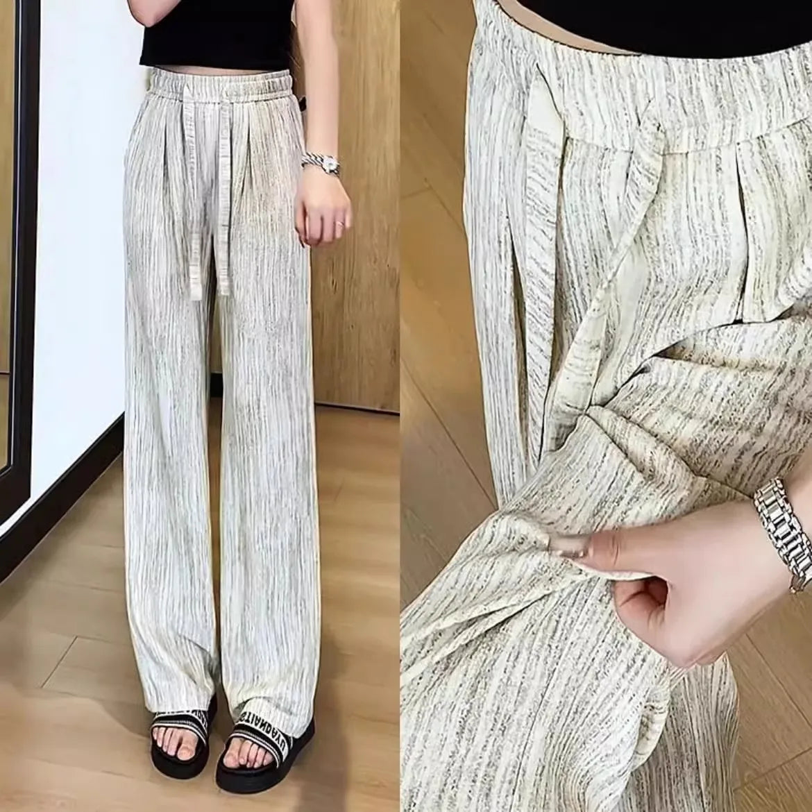 Ice Silk Slim Wide Leg Pants Women's Summer Drapey High Waist Straight Casual Lazy Floor Length Pants Cool Pants