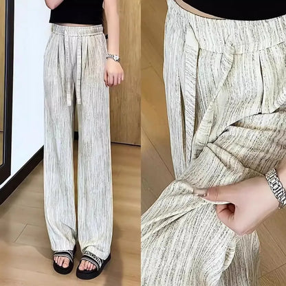 Ice Silk Slim Wide Leg Pants Women's Summer Drapey High Waist Straight Casual Lazy Floor Length Pants Cool Pants
