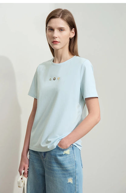 Amii Minimalist T-shirt Women's Tops O-neck Short Sleeves Geometric Decoration Antibacterial Cotton Elastic Casual Tees 12521088