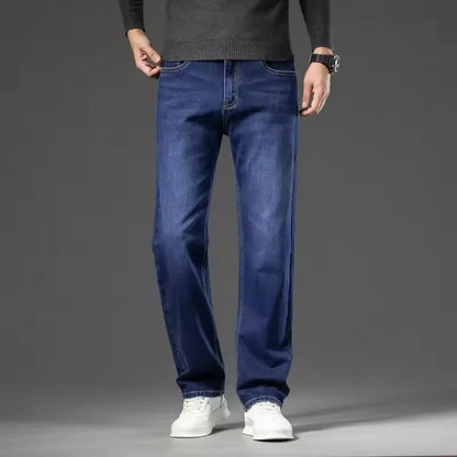 plus Size Men's Blue Straight Loose Jeans 40-44 Cotton Stretch Denim Casual Business Pants for Autumn
