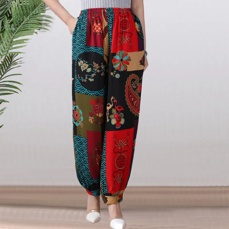 High Waist Lantern Pants Casual Cotton Silk Large Size Printed Long Trousers for Middle-Aged And Elderly Women