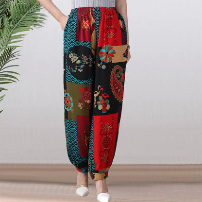 High Waist Lantern Pants Casual Cotton Silk Large Size Printed Long Trousers for Middle-Aged And Elderly Women