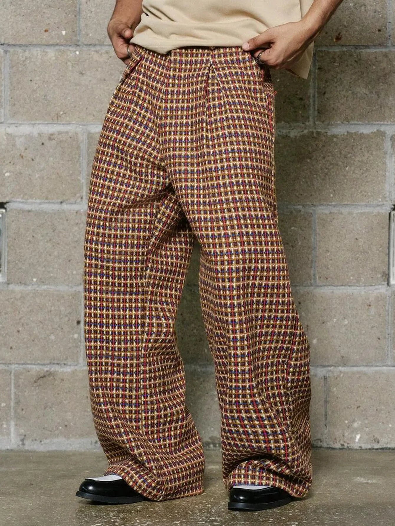 2026 SS Jacquard Plaid Woven Men Pants, Pleated Design, Zipper Fly, Cross Pockets,Loose Straight Wide Leg Commuter Suit Pants