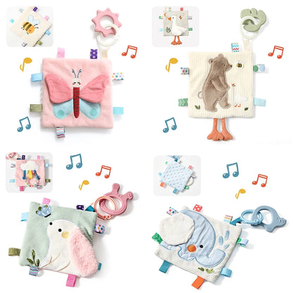 Soft Baby Comfort Blanket with Teether, Sensory Plush Security Toy for Infants, Cute Animal Butterfly/Bear/Elephant Design with