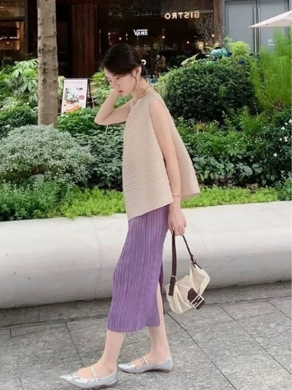 Unique Folded Design Sleeveless Top Set for Small Women Elegant Suitable Travel Wear Polyester Summer T-Shirt round Neck High...