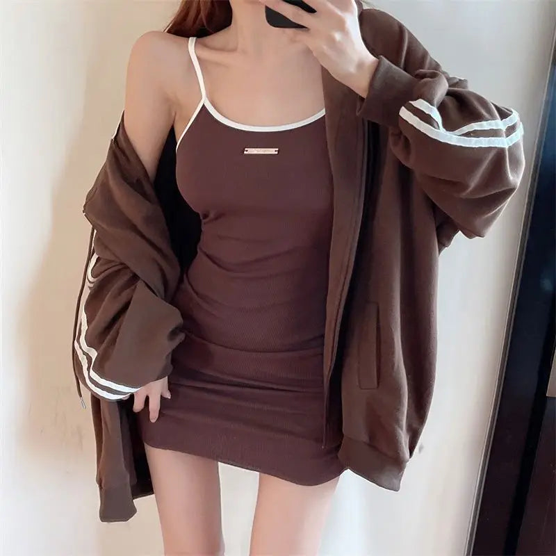 Spicy Girl Set Women's Autumn Fashion High-End Pure Desire Strap Vest  Skirt Hoodie Jacket Two-Piece Set Ladies' Wear