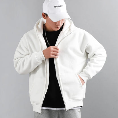 Dukeen Winter Hoodies for Men with Fleece Thicken Warm Zip-Up Hooded Shirt Casual Solid Color Woman Clothing White Black Coat