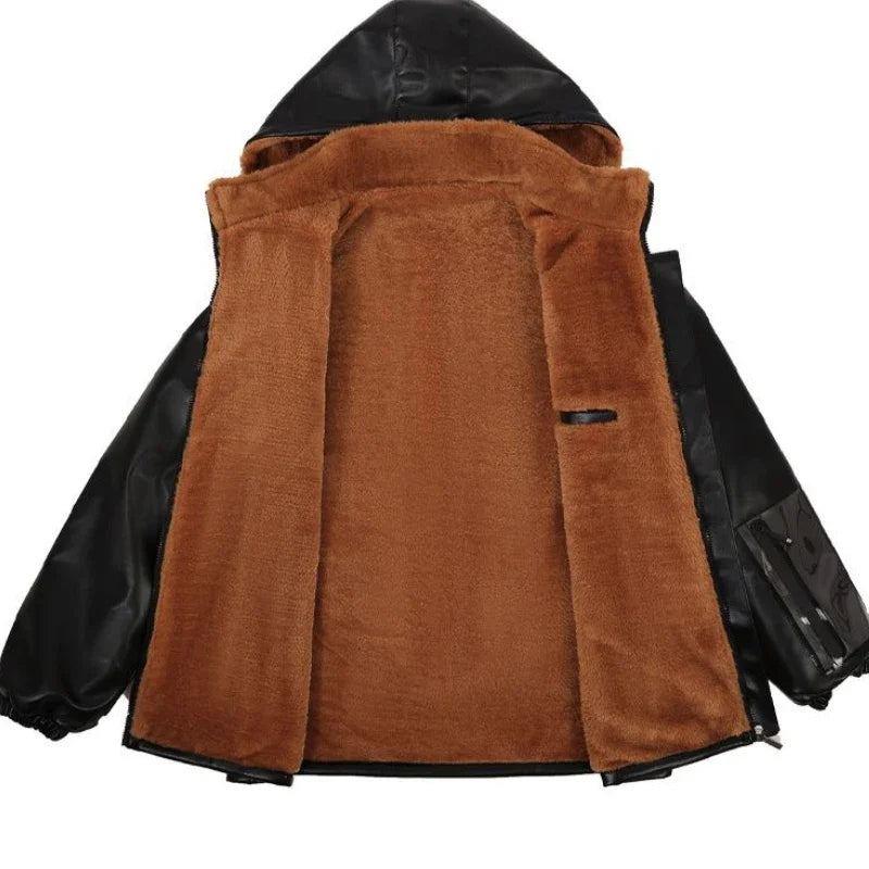 Luxury Black Leather Jacket Wool Lining Warm Men's Clothing Casual Hooded Jacket PU Leather Coats Windproof Outerwear New Chic