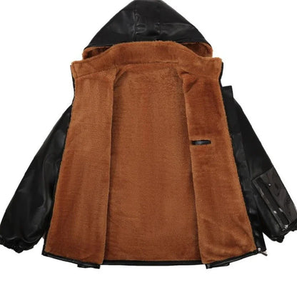 Luxury Black Leather Jacket Wool Lining Warm Men's Clothing Casual Hooded Jacket PU Leather Coats Windproof Outerwear New Chic