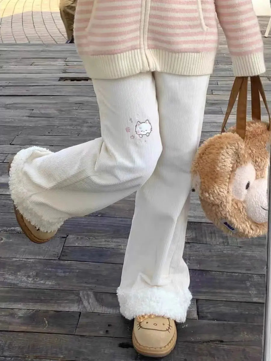 Corduroy  Embroidery Lamb Fur Patchwork Loose Micro Flare Autumn Winter Fleece Lined Slimming Cute Wide Leg Pants Women