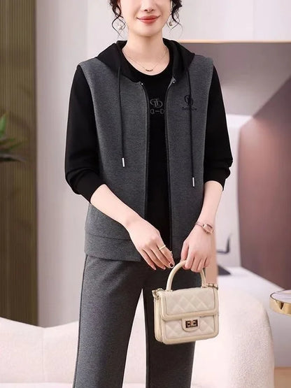 Casual Sporty Three-Piece Set for Middle-Aged And Elderly Women Loose Fit Mom Hoodie Vest Fashionable And Comfortable