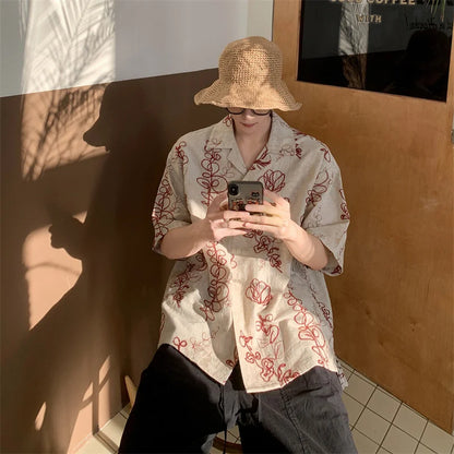 2026 Retro Floral Embroidered Summer Shirts For Men Linen Contrast-Color Print Casual T-Shirts Street Fashion Cuban Collar Tops