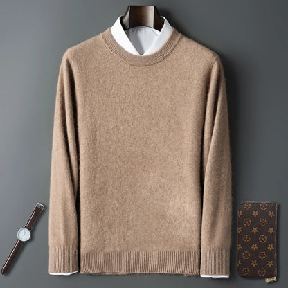100% Pure Mink Cashmere Men's Round Neck Sweater For Autumn Winter, Casual Knitted Long Sleeved Pullover Sweater Men's Clothng