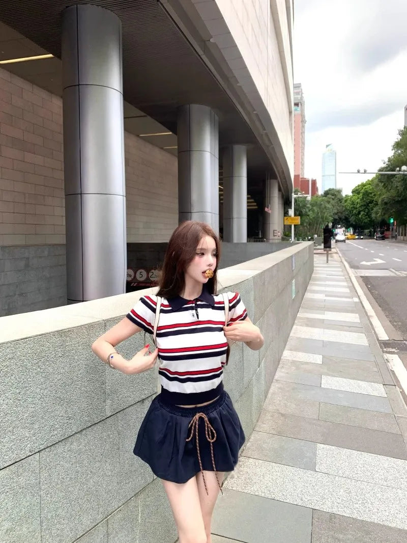 Miu Stripe  Neck Knitted Short Sleeve T-Shirt Women's Summer Design Sensible Short Style Korean Version Slim Fit Top