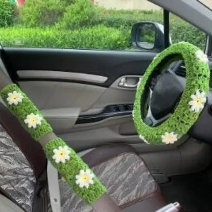 Warm Anti-Slip Hand Crocheted Flower Car Steering Wheel Cover Simple Stylish Winter Car Decor Safe Driving Seat Belt Accessory