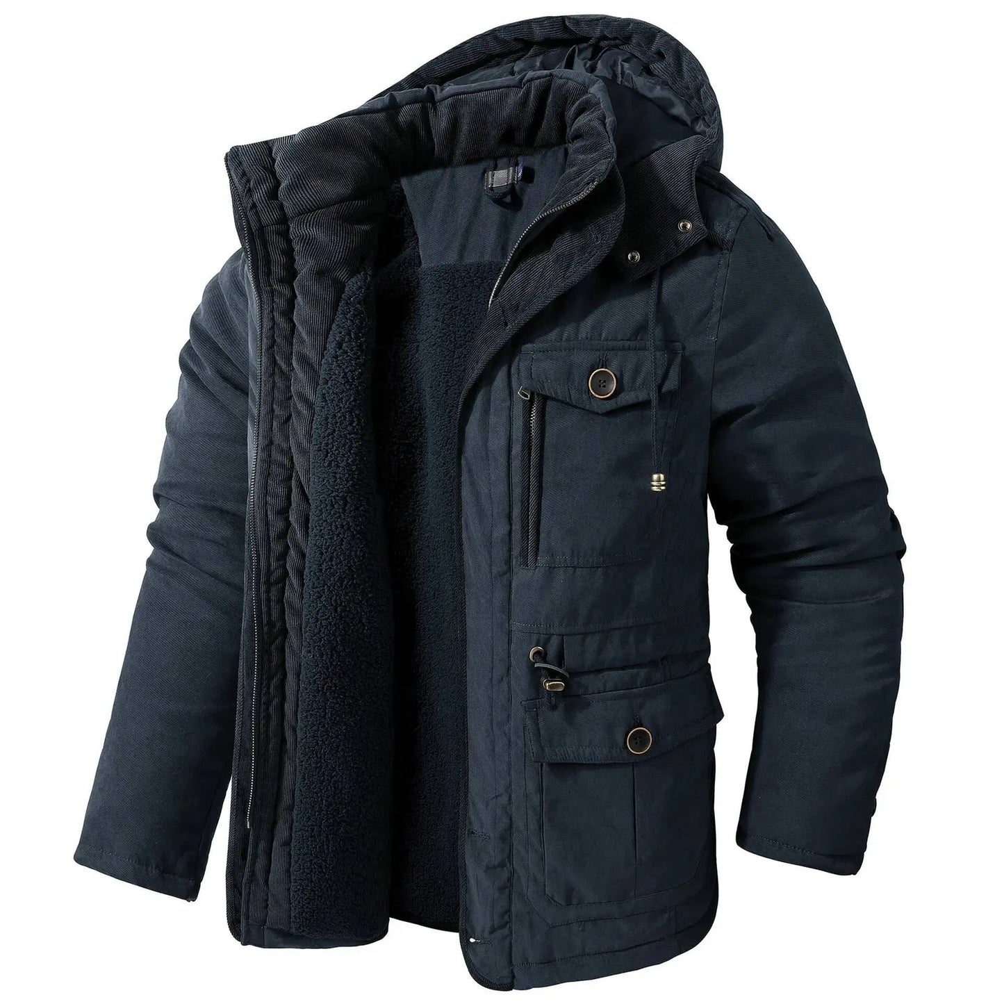 2025 Winter Men's American Fashion Versatile Hooded Cotton Jacket Thickened Multi Pocket Casual Simple Medium Length Top Coats