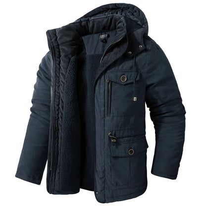 2025 Winter Men's American Fashion Versatile Hooded Cotton Jacket Thickened Multi Pocket Casual Simple Medium Length Top Coats