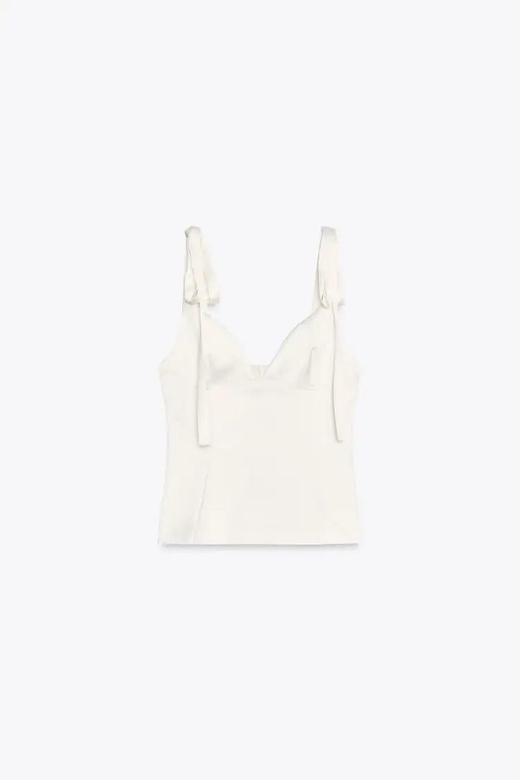 Summer New Women's Simple Style V-neck Sleeveless  Knot Decorated Silk Satin Feel Strap Top Original Design Slim Fit